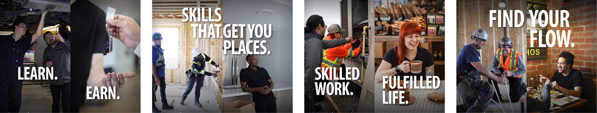 Image 1 Text: Learn. Earn., Image 2 Text: Skills that get you places., Image 3 Text: Skilled work. Fulfilled life., Image 4 Text: Find your flow.